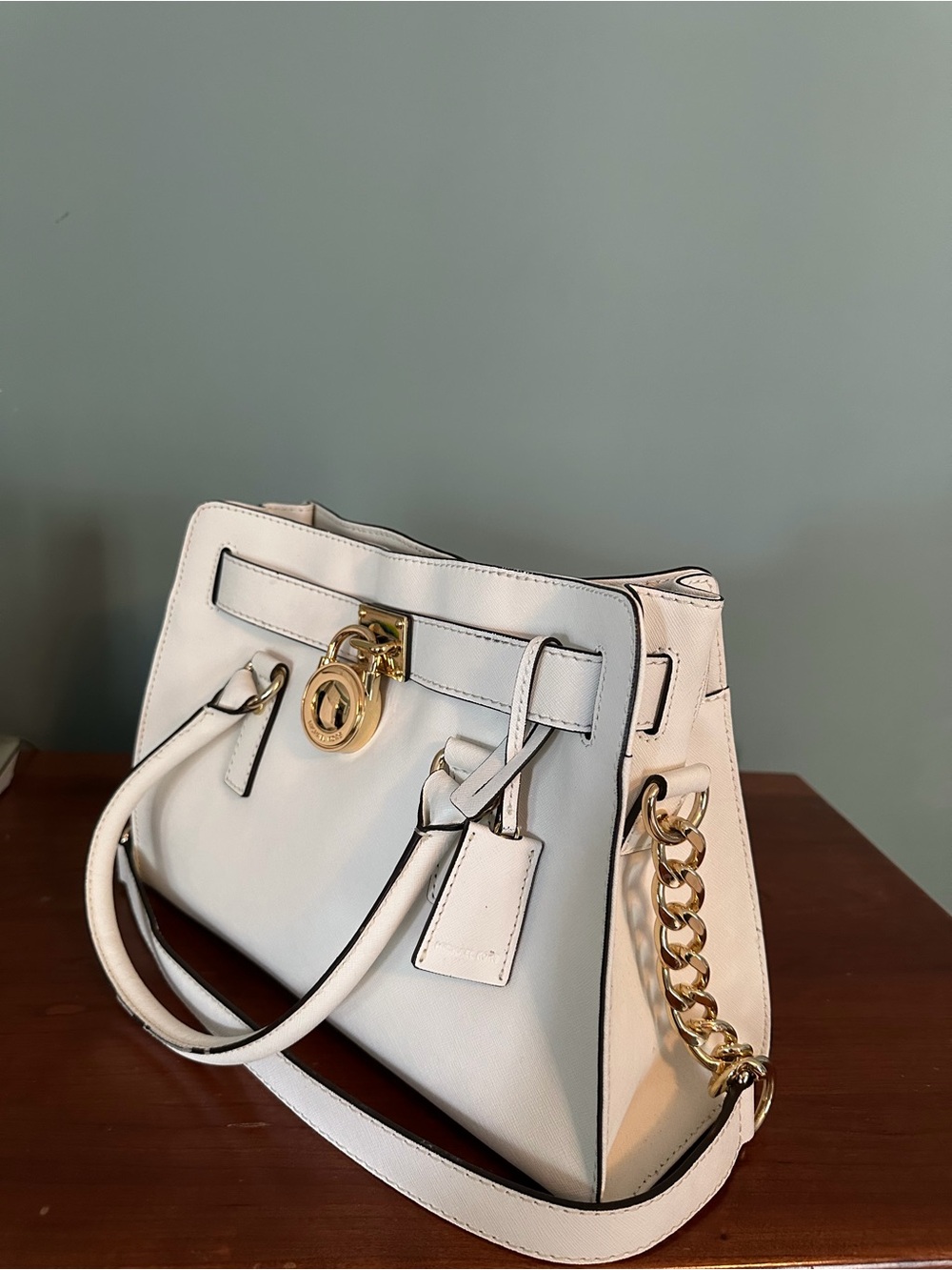 Michael Kors White Leather Satchel with Gold Chain Accents